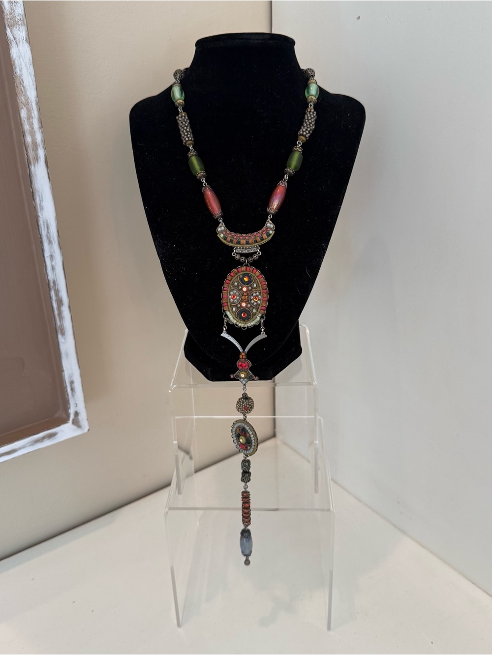 Ayala Bar Signed Multicolor Beaded Long Drop Statement Necklace 18”